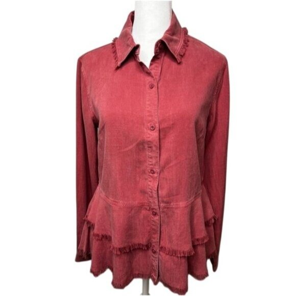 Anthropologie Cloth & Stone Womens Rose Button-Up Peplum Shirt W/Frayed Hem XS - Picture 3 of 14